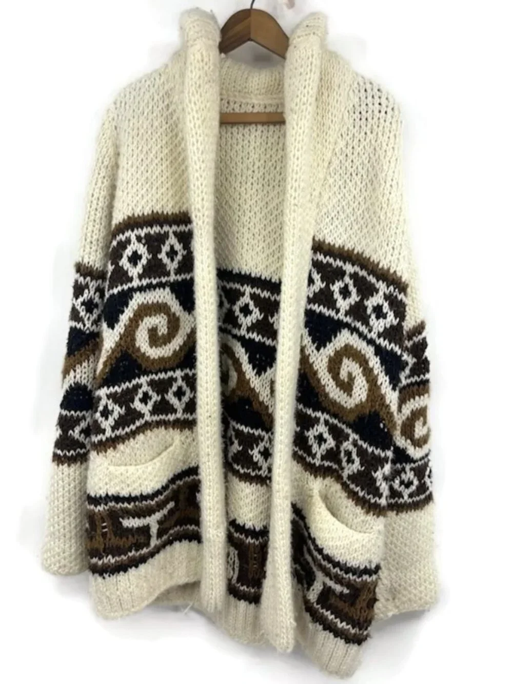 VTG Hand Knit Cowichan Style Cardigan Sweater Mens XXL? Shawl Collar Pockets